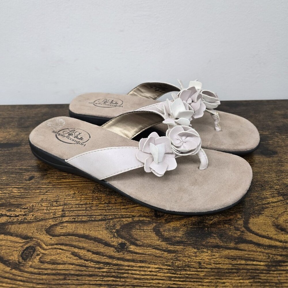 LifeStride Simply Comfort Equal Sandals Floral Detail Thong Low Wedge Taupe 7M